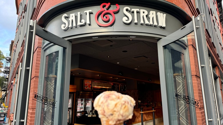 The exterior of Salt and Straw with a scoop of ice cream in front of it