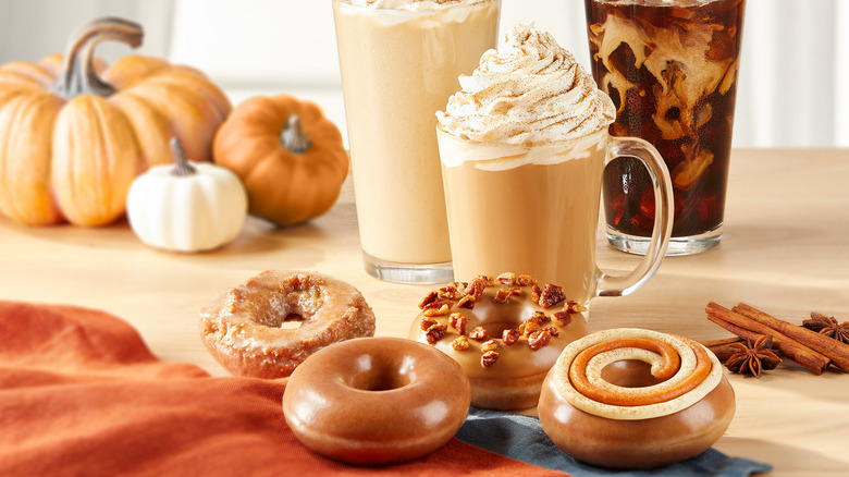 Pumpkin spice donuts Krispy Kreme and coffee