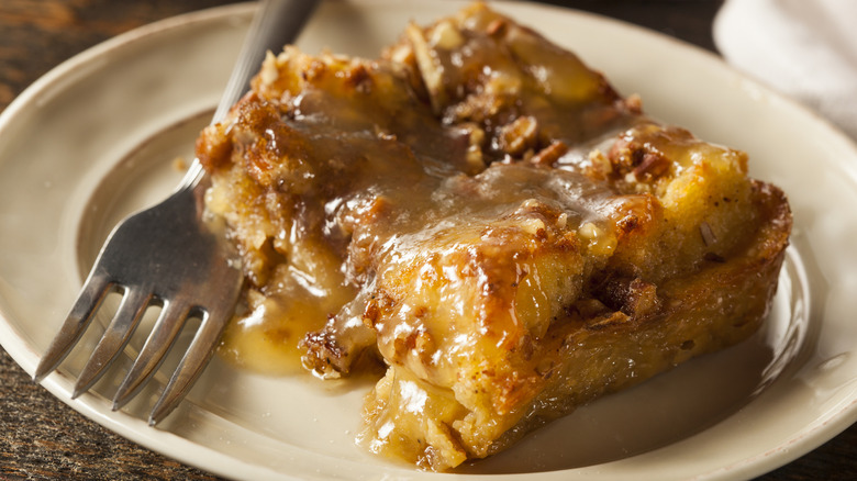 homemade bread pudding served on plate